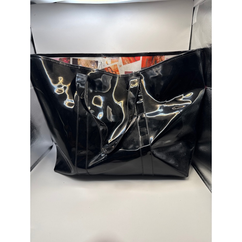 Victoria's Secret Black Patent Tote Bag Pink Glitter Logo Angel Polaroid Print - Picture 2 of 6